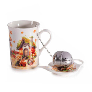 Set cana portelan multicolor, infuzor ceai, farfurioara in cutie cadou Autumn Ø 7,5 cm x 10,5 H, 300 ml