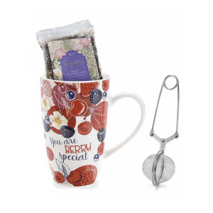 Set cana portelan multicolor, infuzor ceai, pliculet ceai in cutie cadou Ø 8,5 cm x 13,5 H, 13,5 H, 450 ml