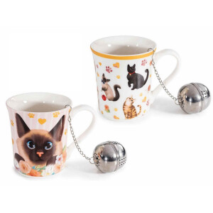 Set 2 cani portelan cu infuzoare ceai in cutii cadou Pisicute Ø 8,5 x 9 H, 250 ml