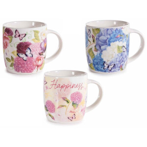 Set 3 cani portelan multicolor in cutii cadou Hortensii II  Ø 8,5 cm x 9 H, 350 ml