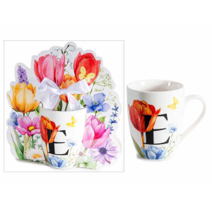 Cana portelan multicolor in cutie cadou litera E Ø 8 cm x 10,5 H, 300 ml