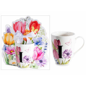 Cana portelan multicolor in cutie cadou litera I Ø 8 cm x 10,5 H, 300 ml