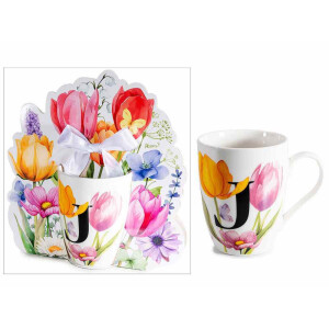 Cana portelan multicolor in cutie cadou litera J Ø 8 cm x 10,5 H, 300 ml