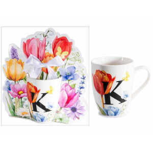 Cana portelan multicolor in cutie cadou litera K Ø 8 cm x 10,5 H, 300 ml