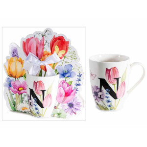 Cana portelan multicolor in cutie cadou litera N Ø 8 cm x 10,5 H, 300 ml