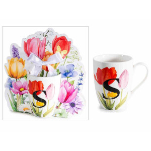 Cana portelan multicolor in cutie cadou litera S Ø 8 cm x 10,5 H, 300 ml