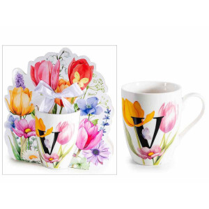 Cana portelan multicolor in cutie cadou litera V Ø 8 cm x 10,5 H, 300 ml
