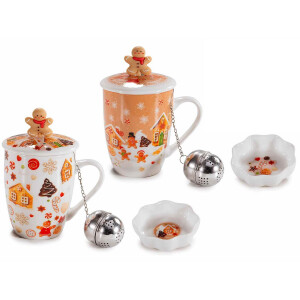 Set 4 cani infuzor ceai Craciun portelan multicolor 8.5x10.5 cm, 350 ml