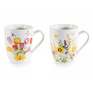 Set 2 cani portelan multicolor in cutii cadou metal Flowers Ø 8 cm x 10,5 H, 300 ml