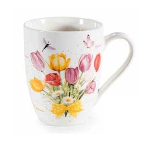 Cana portelan multicolor in cutie cadou metal Flower Ø 8 cm x 10,5 H, 300 ml
