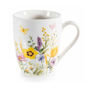 Cana portelan multicolor in cutie cadou metal Flowers Ø 8 cm x 10,5 H, 300 ml