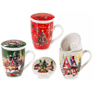 Set 3 cani cu infuzor Craciun portelan multicolor 8x11.5 cm, 300 ml