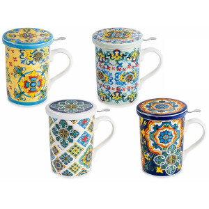 Set 4 cani portelan cu infuzoare ceai in cutii cadou Majolica Ø 8 x 10,5 H, 350 ml