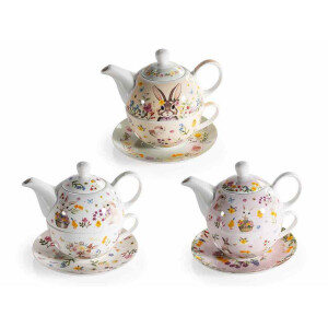 Set 3 cesti, 3 ceainice Paste portelan multicolor cm 15,5 x 10,5 x 13,5 H, Ø 10,5 x 5,5 H