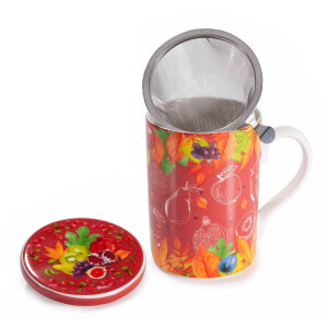 Cana portelan multicolor cu capac, infuzor ceai in cutie cadou Fruits Ø 8 x 10,5 H, 350 ml