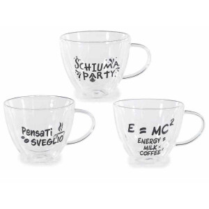 Set 3 cesti sticla fund dublu neagra transparenta Ø 11 cm x 9 H, 300 ml