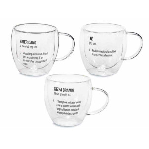 Set 3 cani sticla dubla neagra transparenta Ø 9,5 cm x 9 H, 200 ml