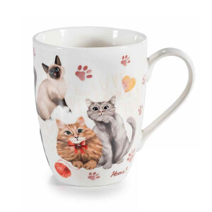 Cana portelan multicolor in cutie cadou metal Pisicuta Ø 8 cm x 10,5 H, 300 ml