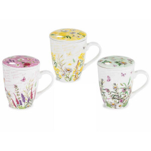 Set 3 cani portelan cu infuzoare ceai in cutii cadou Flowers Ø 8,5 cm x 11 H, 300 ml