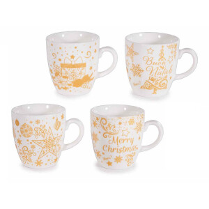 Set 4 cani Craciun portelan alb galben Ø 5,5 cm x 6 H, 70 ml
