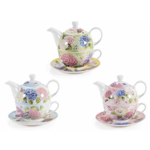 Set 3 ceainice cu 3 cesti portelan multicolor Hortensii 16 x 10.5 x 14 H, Ø 10,5 x 5,5 H, 350ml, 200 ml
