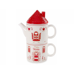 Set 2 ceainice 2 cani ceramica alba rosie 18x10x23.5 cm, 450 ml
