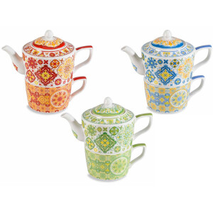 Set 3 ceainice, 3 cesti portelan multicolor 17x10x15 cm 450 ml, 250 ml