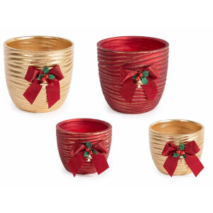 Set 4 ghivece Craciun ceramica aurie rosie Ø 15 cm x 13,5 H, Ø 12 x 9,5 H 