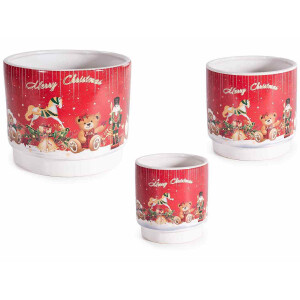 Set 3 ghivece Caciun ceramica multicolora Ø 17,5 cm x 14,5 H, Ø 13 x 12,5 H, Ø 10,5 x 11 H