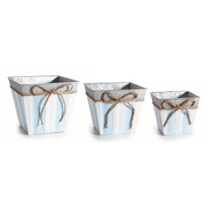 Set 3 ghivece flori metal gri alb albastru 15,5x15,5x 13 H, 14 x 14 x 11,5 H, 11 x 11 x 10 H