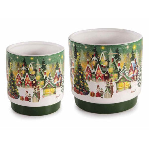 Set 2 vaze flori Craciun ceramica multicolora Ø 10,5 x 11 H, Ø 13 x 12,5 H