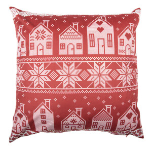 Fata perna Craciun Casute textil rosu bej 45x45 cm