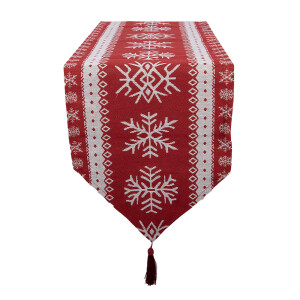 Traversa masa Craciun Fulgi de Nea poliester alb rosu 33x180 cm