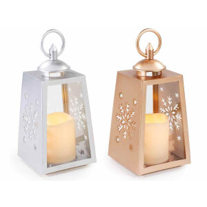 Set 2 felinare Craciun plastic alb auriu cu led 10x10x22.5 cm