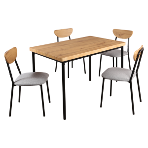 Set masa, 4 scaune mdf stejar metal negru textil gri Madio 110x70x75,5 cm, 40x48,5x78 cm
