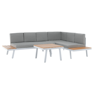 Set mobilier gradina otel alb stejar gri Pelor 258/182x75x65/79 cm, 70x70x45 cm