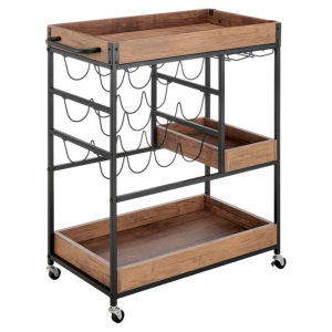 Carucior servire, suport sticla vin metal negru mdf stejar Portis 83x43x90 cm