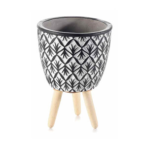 Ghiveci flori lemn natur ceramica neagra alba 10.5x14.5 cm