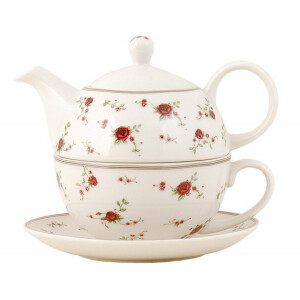 Set ceainic cu ceasca din portelan decor floral rosu 17x15x14 cm