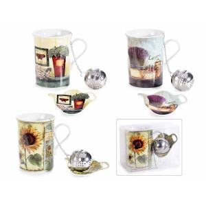 Set 3 cani portelan, 3 infuzoare, 3 farfurioare 7.5x10.5 cm, 280 ml