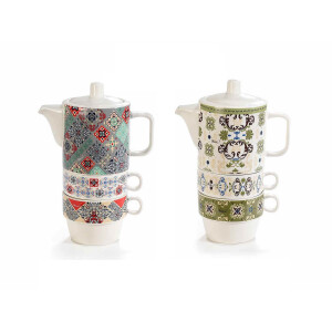Set 2 ceainice, 4 cesti portelan multicolor 14x8x20 cm, 320 ml, 190 ml