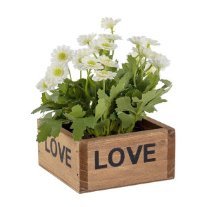 Flori artificiale albe in ghiveci de lemn natur 10 cm x 10 cm x 15 h