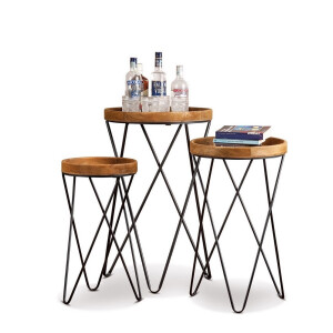 Set 3 masute rotunde lemn maro fier negru  33,5 x 60, 42 x 70, 49 x 80 cm