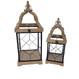 Set 2 felinare lemn maro fier negru 20,5 x 20,5 x 52 cm,  27,5 x 27,5 x 66 cm