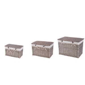 Set 3 cosuri depozitare lemn salcie gri textil alb 43 x 23 x 26 cm, 50 x 30 x 33 cm,  57 x 37 x 40 cm