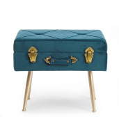 Taburet cu spatiu depozitare tapiterie velur albastru cu picioare fier auriu Polina 50 cm x 34 cm x 42 h