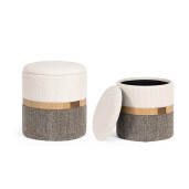 Set 2 tabureti cu spatiu depozitare textil alb gri Talya Ø36x38h; ø40x44h