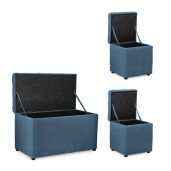 Set bancuta, 2 tabureti textil albastru Derrick 40x40x40 cm; 89x48x51 cm
