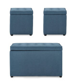 Set bancuta, 2 tabureti textil albastru Derrick 40x40x40 cm; 89x48x51 cm