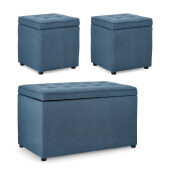 Set bancuta, 2 tabureti textil albastru Derrick 40x40x40 cm; 89x48x51 cm